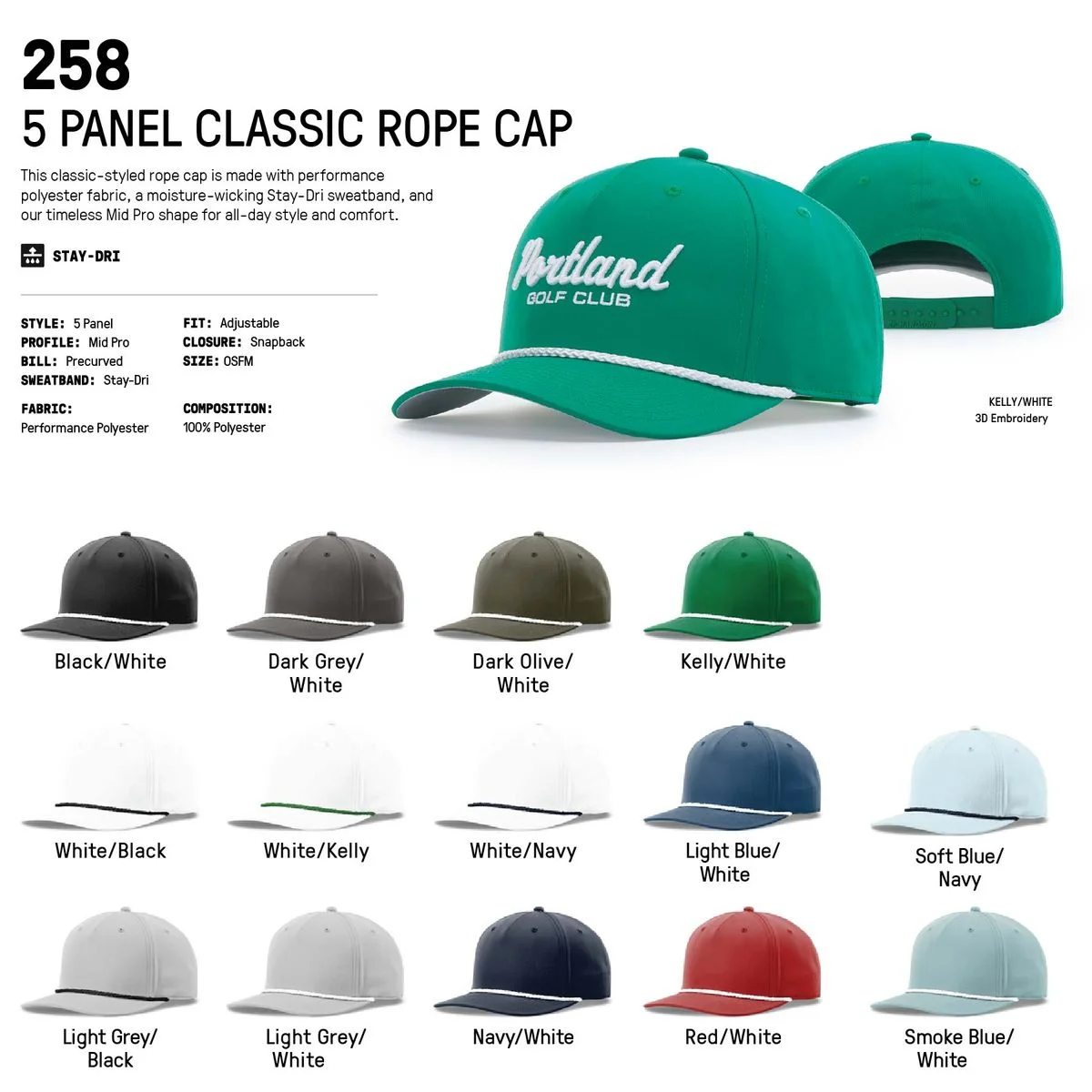 Richardson #258 Five Panel Rope Cap w/Leatherette Adhesive Patches or Embroidery